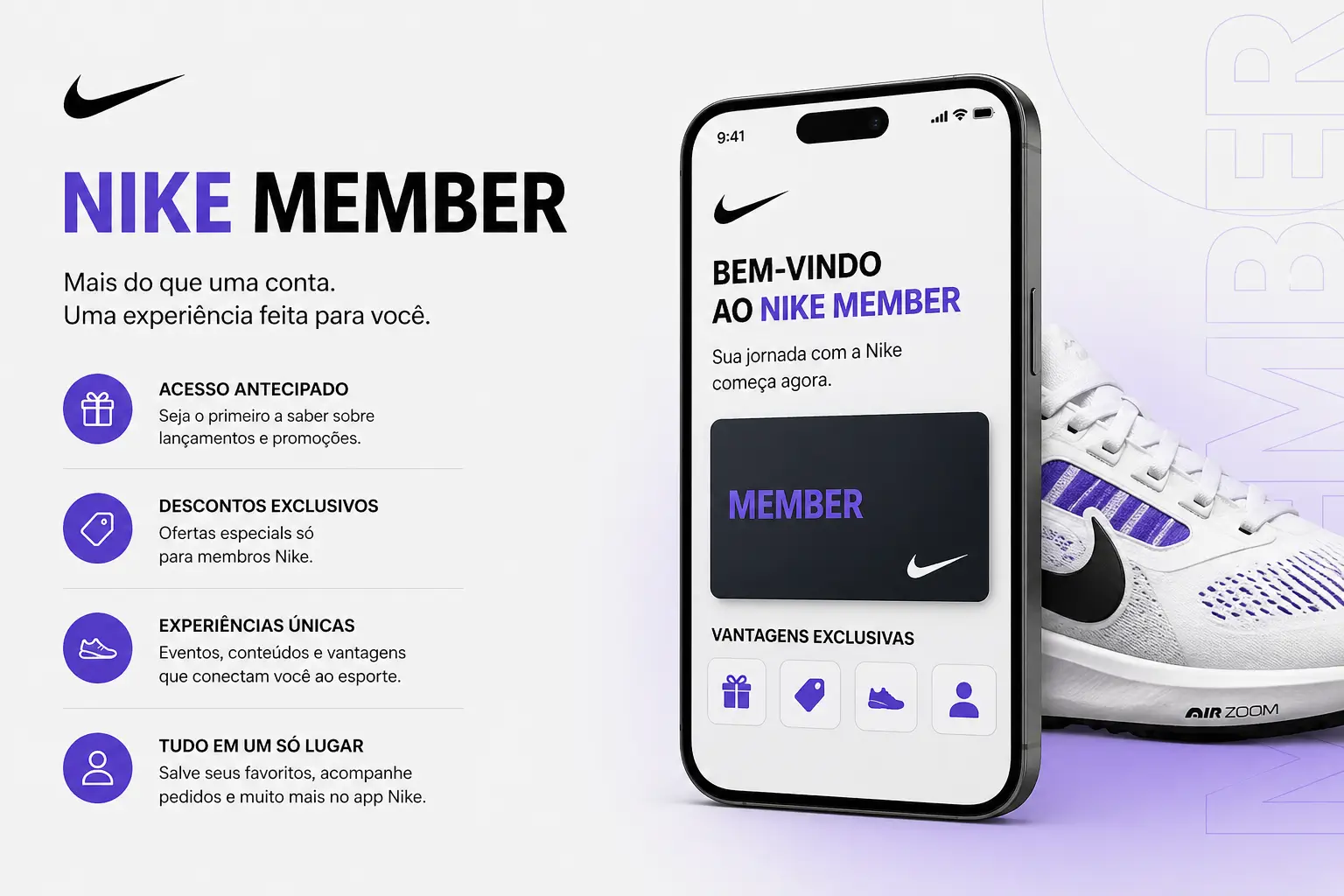 Vantagens exclusivas do programa de membros e Cupom Nike Primeira Compra App