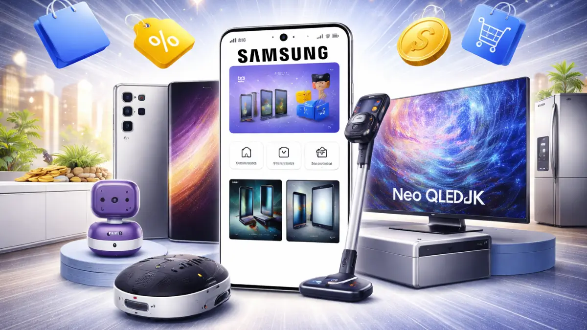 Smartphone exibindo o aplicativo oficial para usar o Cupom Samsung Primeira Compra App