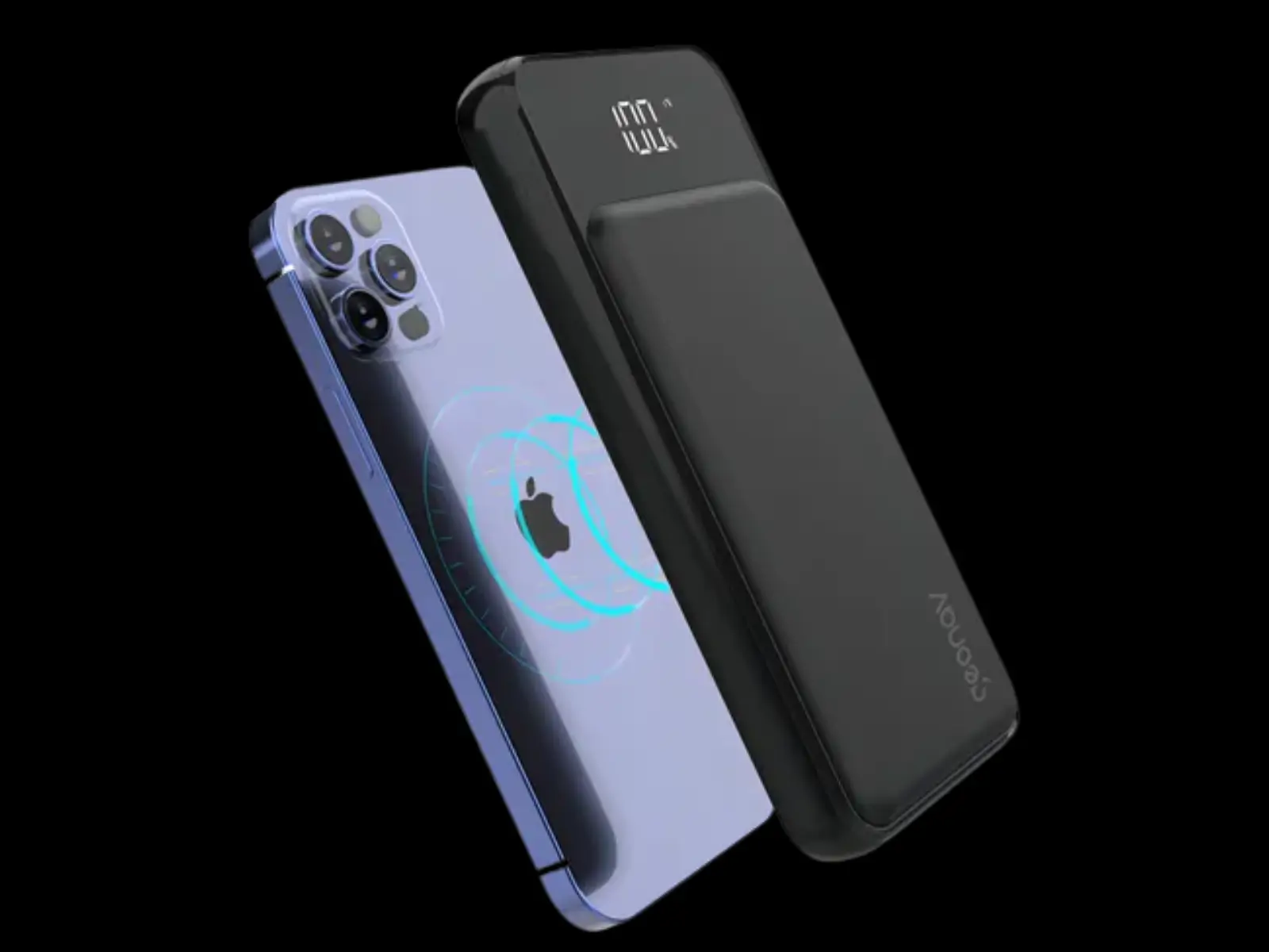 iPhone sendo carregado por um power bank MagSafe, ilustrando a linha de acessórios Apple com desconto na iPlace.