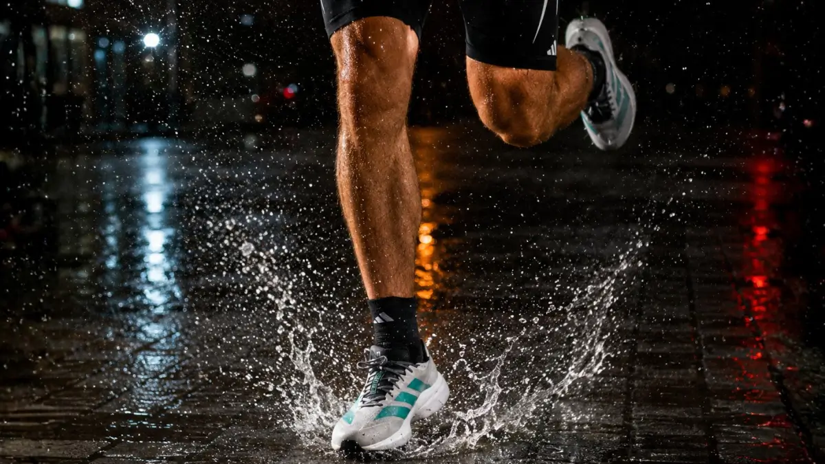 tenis adidas adizero boston 13 em corrida sob chuva destacando a tracao do solado Continental