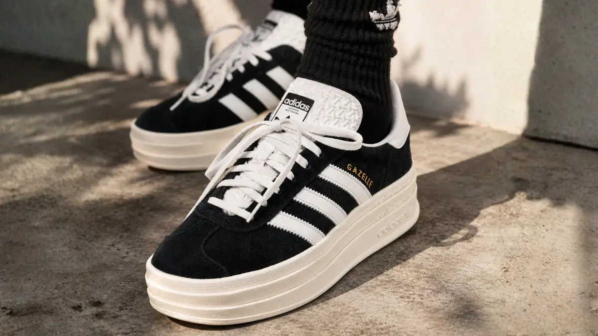 tenis adidas gazelle feminino no pe mostrando a escrita dourada lateral e a lingua texturizada