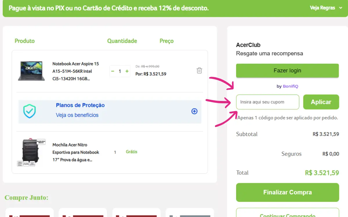 Tela de checkout da Acer com campo para inserir cupom de desconto