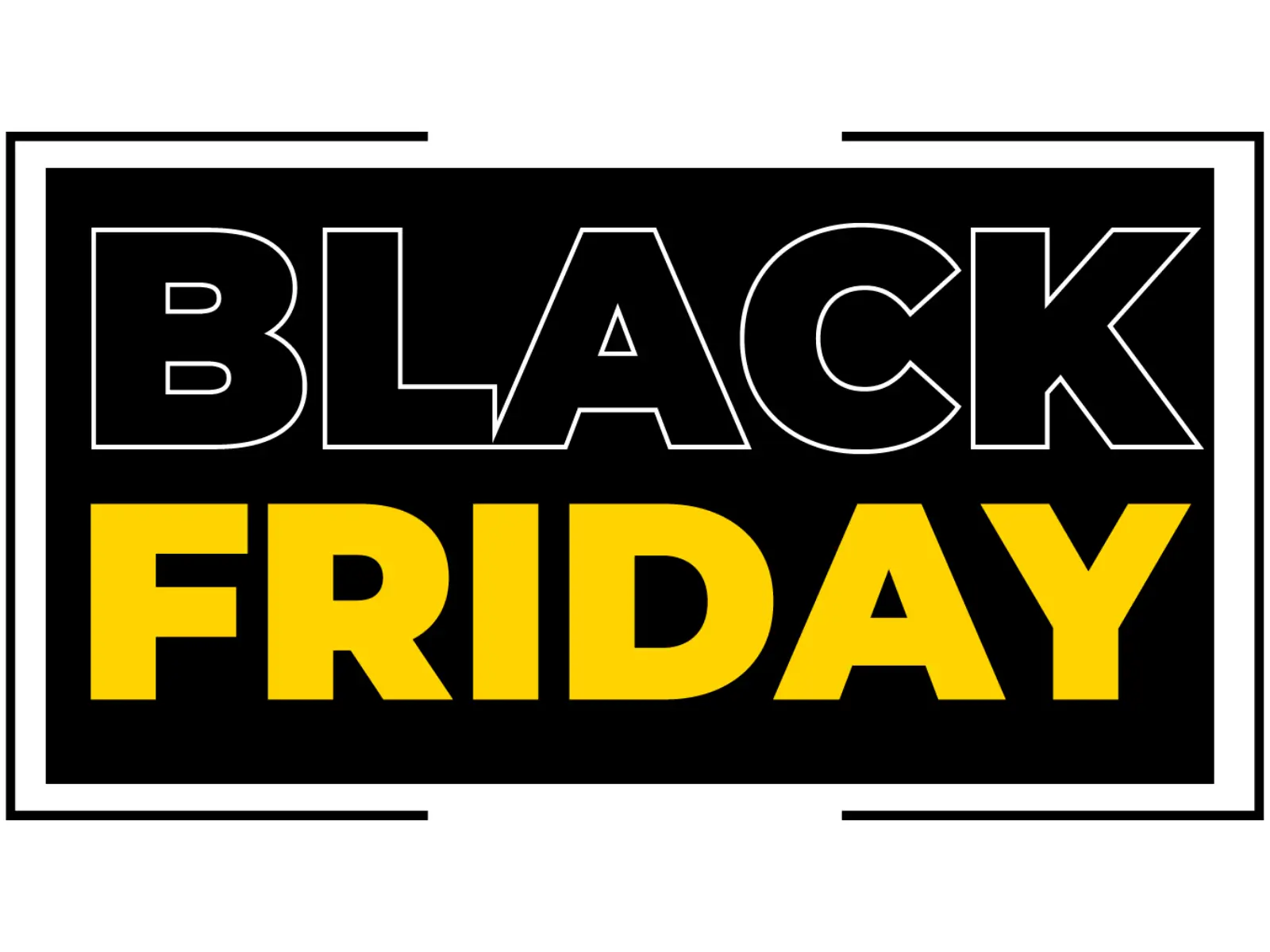 Banner da Black Friday com o texto 'Black Friday' em destaque. A palavra 'Black' tem contorno branco e 'Friday' é preenchida em amarelo, sobre um fundo preto.