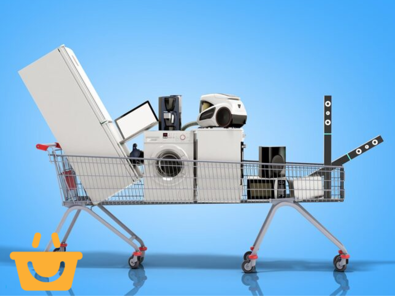 Ilustração criativa de um carrinho de compras cheio de eletrodomésticos, como geladeira e TV, para representar a economia com cupons na eFácil.