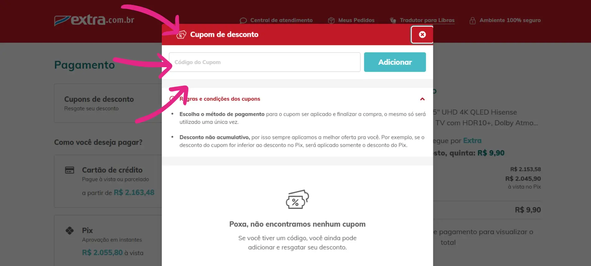 Passo a passo visual mostrando o campo 'Código do Cupom' onde se deve colar o código promocional no site do Extra.