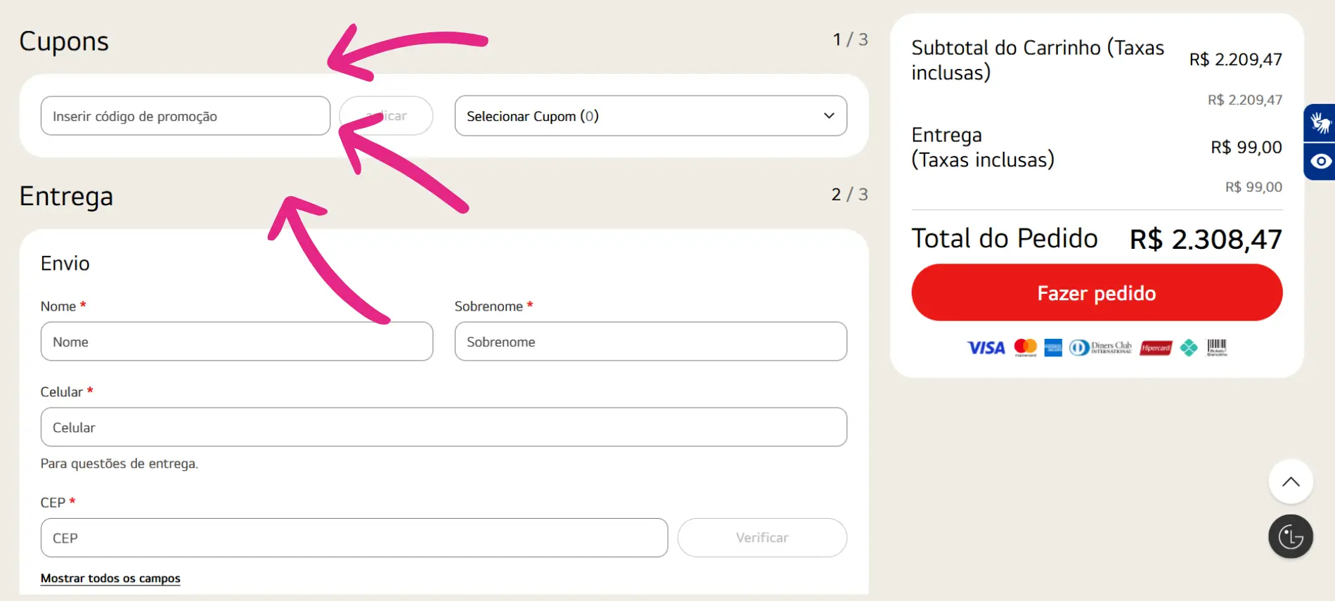 Guia visual de como usar cupom de desconto LG, destacando o campo para inserir o código no carrinho de compras do site oficial.