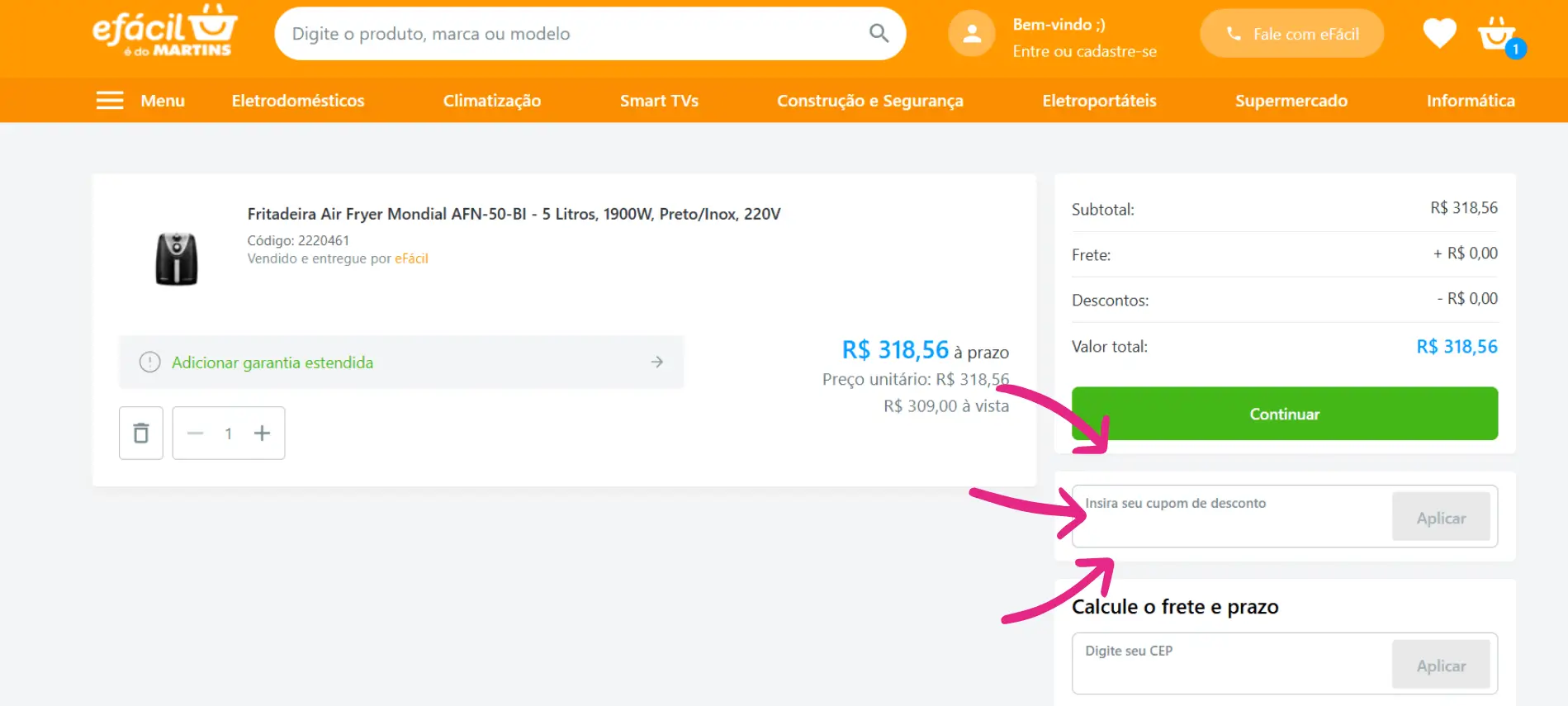 Passo a passo visual mostrando o campo 'Insira seu cupom de desconto' no carrinho de compras do site eFácil para validar a oferta.