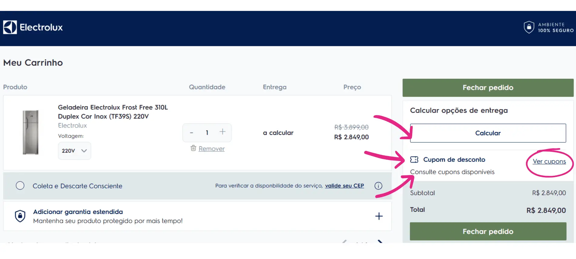 Passo a passo visual mostrando o campo 'Cupom de desconto' no carrinho de compras do site da Electrolux para validar a oferta.