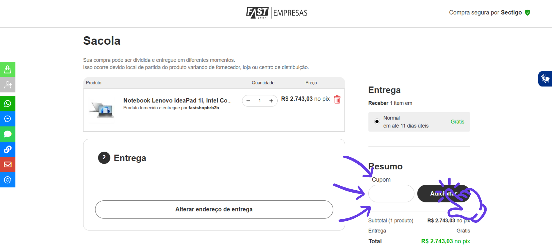 Guia visual mostrando onde inserir e aplicar o cupom de desconto no site da Fast Shop.