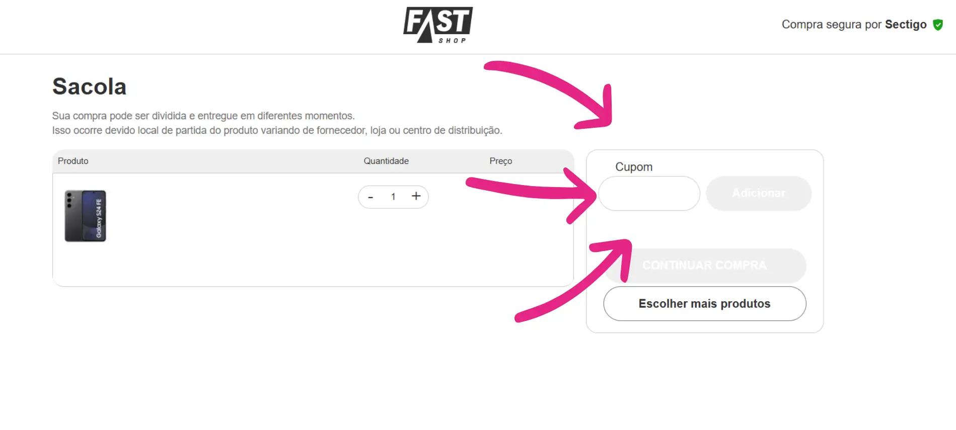 Passo a passo visual mostrando o campo 'Cupom' na sacola de compras do site da Fast Shop para aplicar o código promocional.