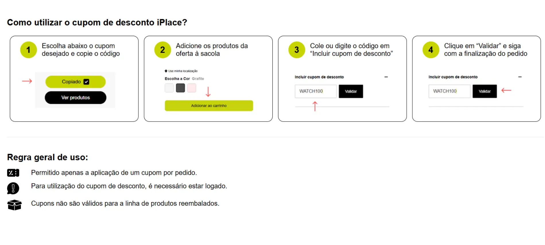 Tutorial em 4 passos mostrando como escolher, copiar e colar o cupom de desconto no campo 'Incluir cupom de desconto' na sacola da iPlace.