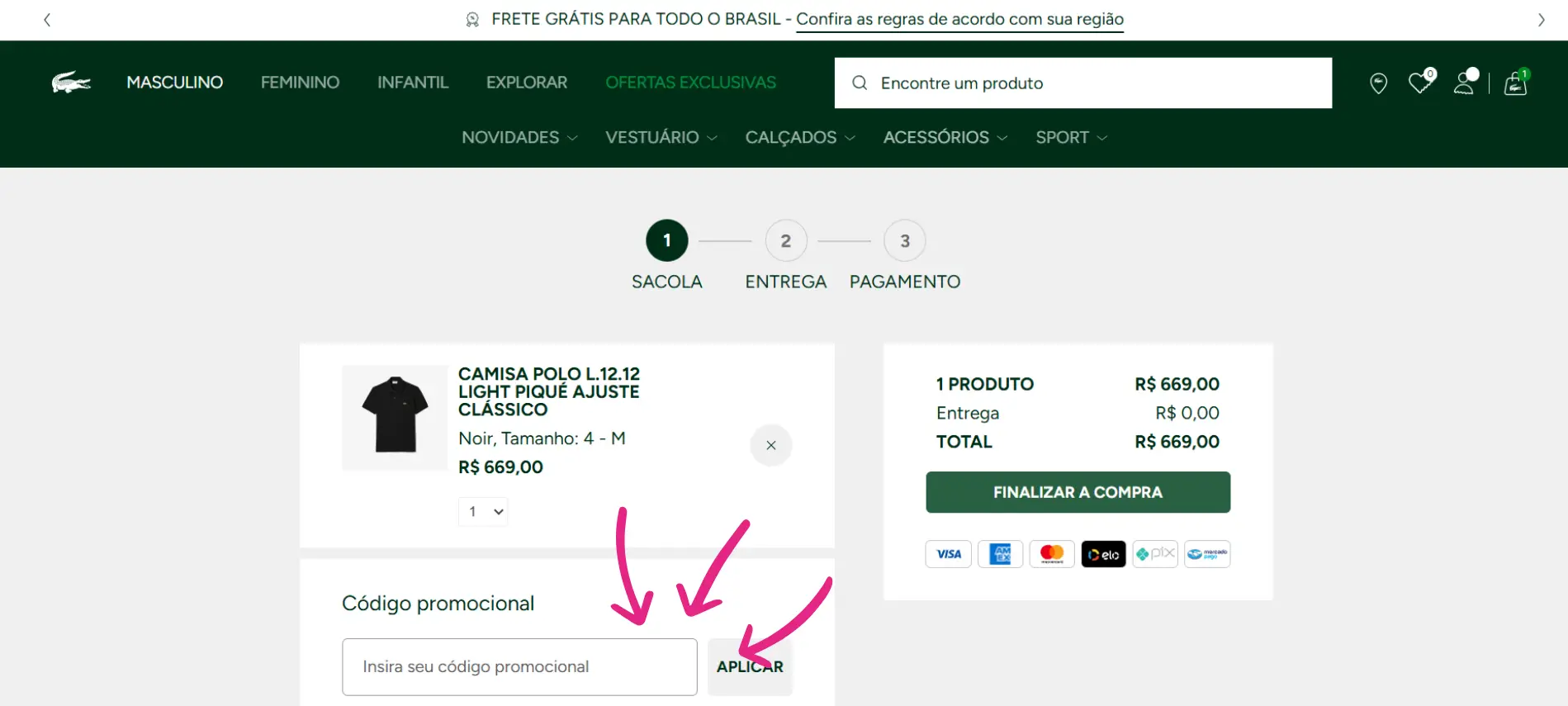 Passo a passo visual mostrando o campo 'Código promocional' no carrinho de compras do site da Lacoste.