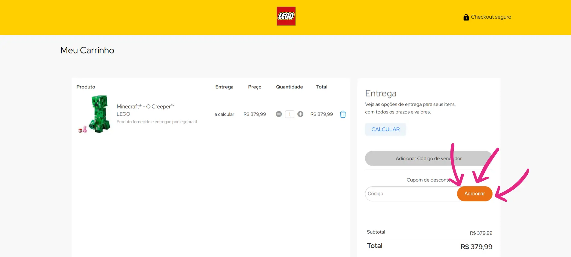 Passo a passo de como aplicar cupom de desconto Lego no carrinho de compras