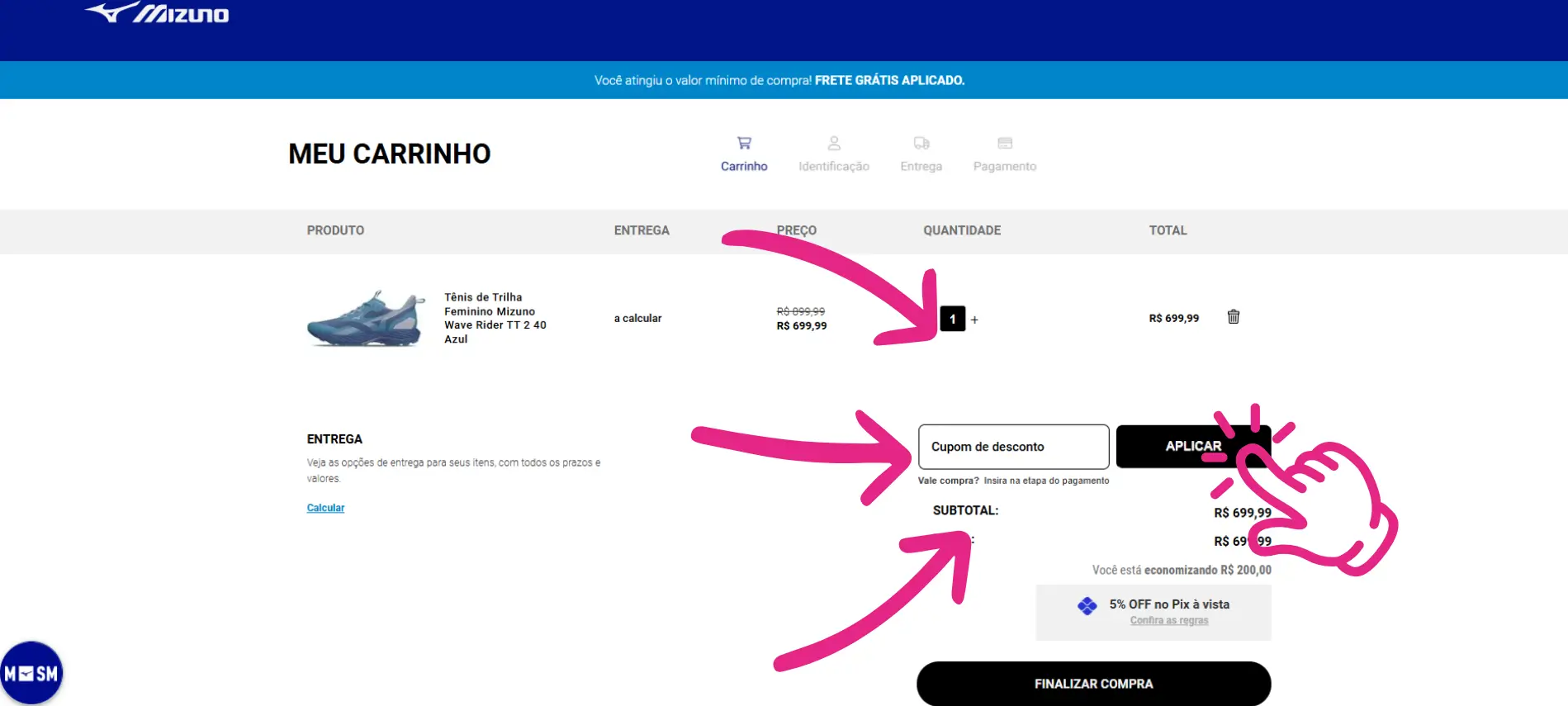 Passo a passo visual mostrando o campo 'Cupom de desconto' no carrinho de compras do site oficial da Mizuno.