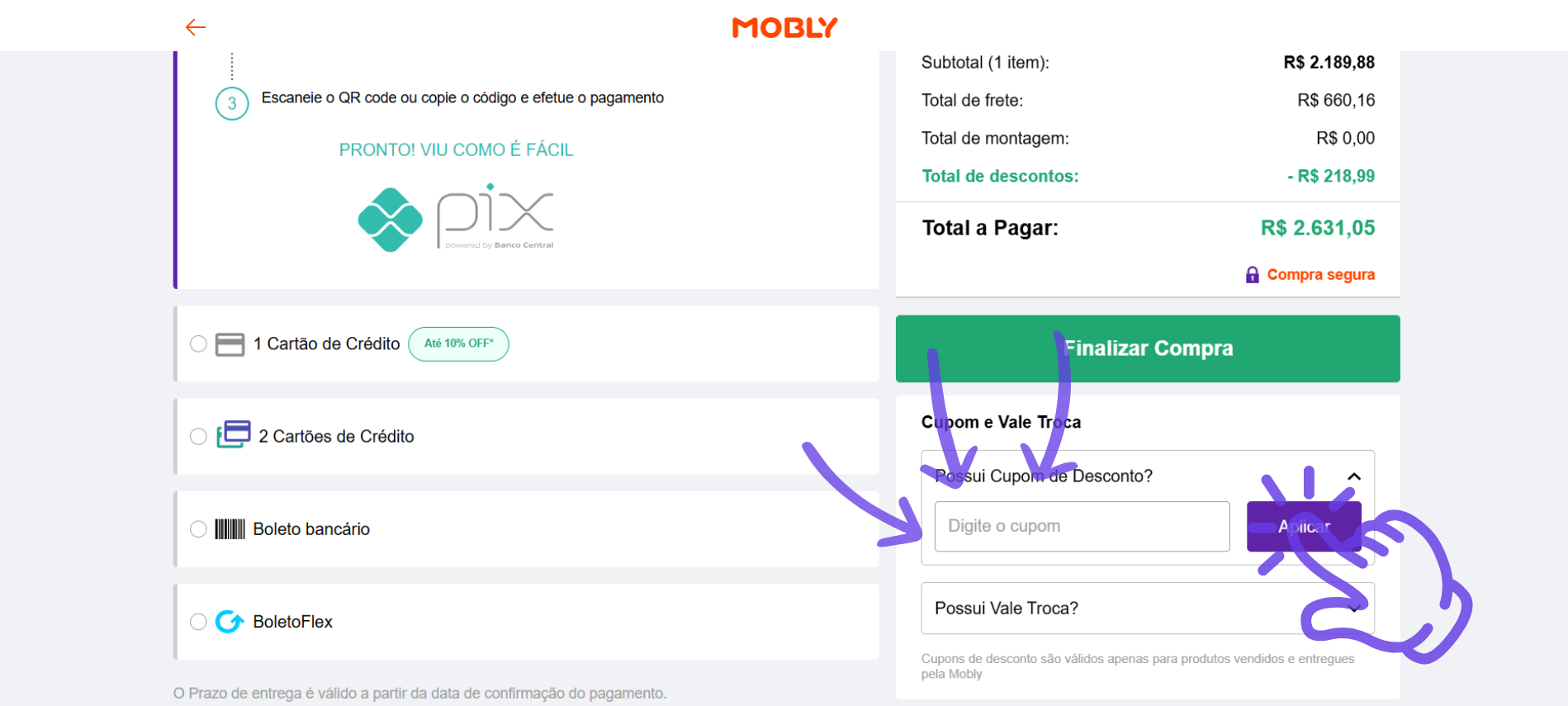 Guia mostrando onde inserir o cupom de desconto Mobly na tela de pagamento.