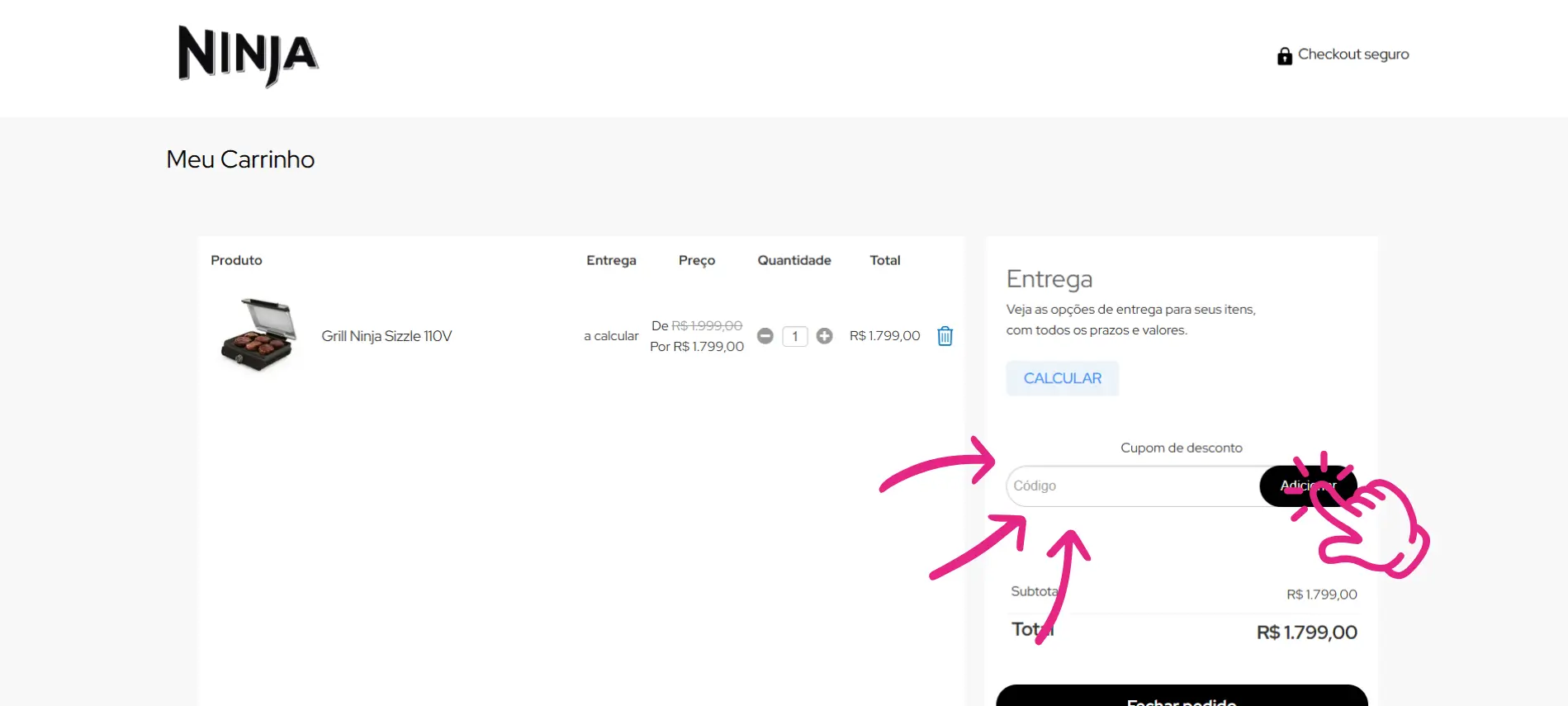 Instrução de como aplicar o cupom de desconto Ninja no campo correto do site.