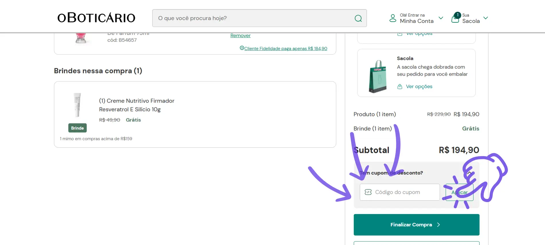 Guia mostrando onde inserir o cupom de desconto O Boticário na sacola de compras.