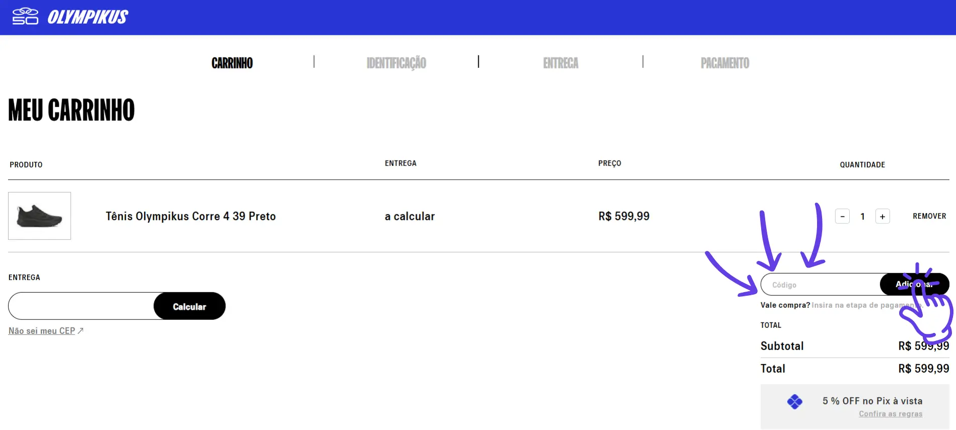 Guia mostrando onde inserir o cupom de desconto no carrinho de compras do site da Olympikus.
