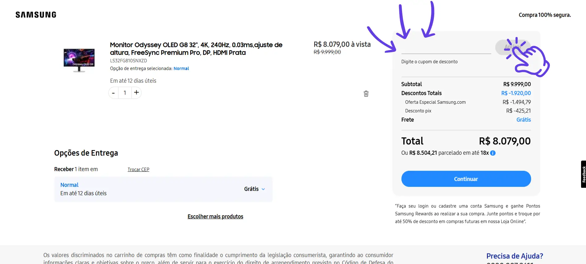 Guia mostrando onde inserir o cupom de desconto no carrinho de compras do site da Samsung.