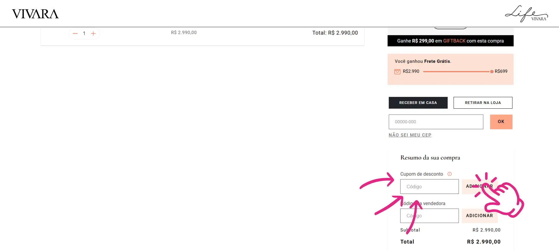 Screenshot mostrando onde inserir o cupom de desconto e o código de vendedora no site da Vivara.