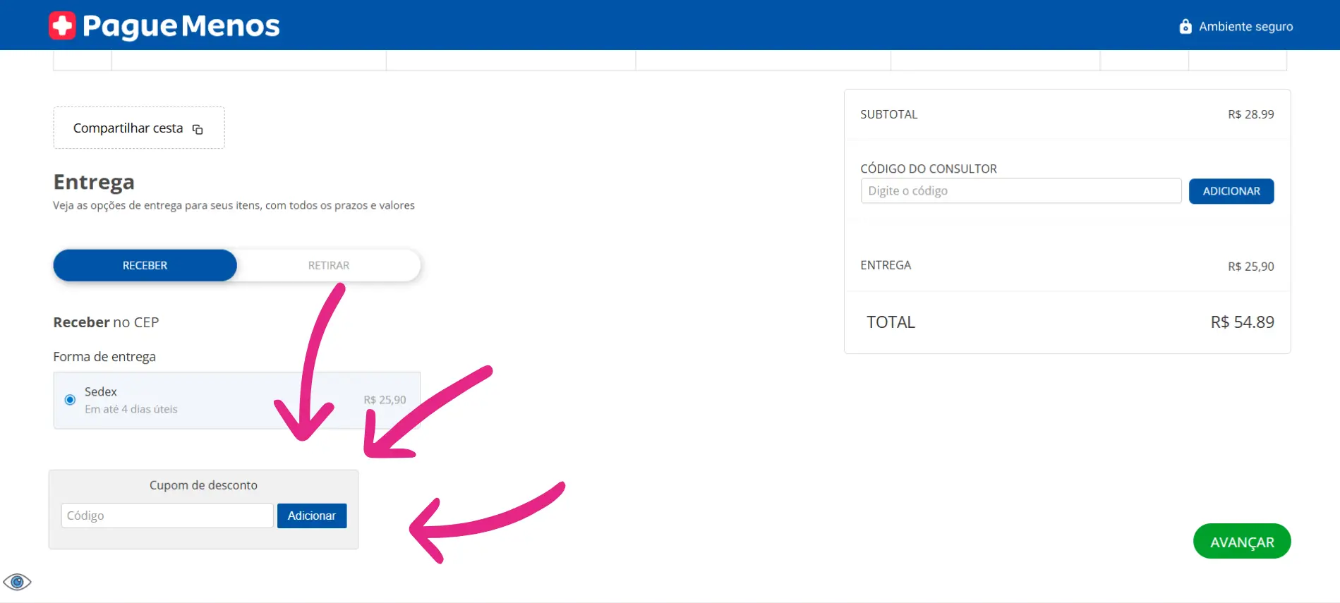 Imagem ilustrativa mostrando onde inserir o código do cupom de desconto Pague Menos na página de checkout do site.