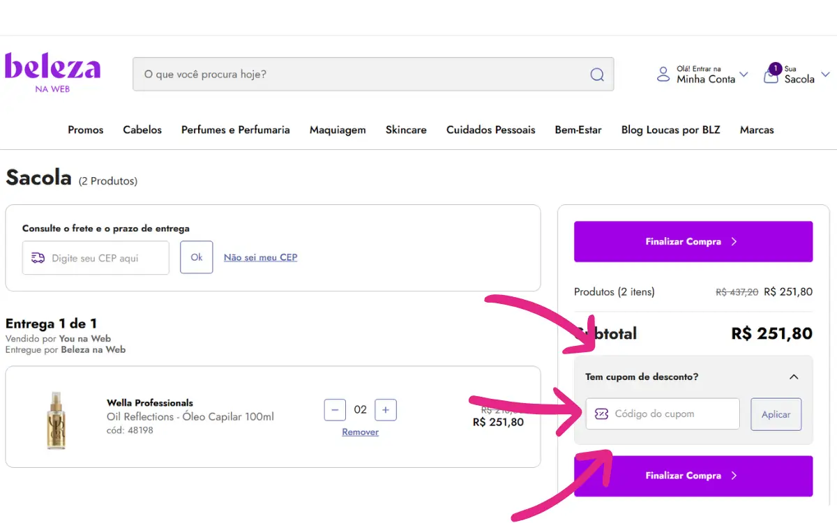 Campo de cupom de desconto na finalização da compra na Beleza na Web