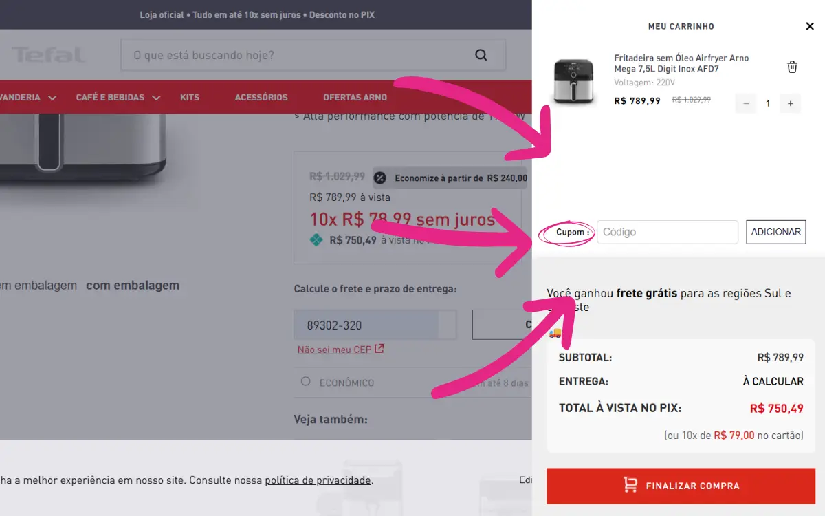 Como usar cupom de desconto Arno no carrinho