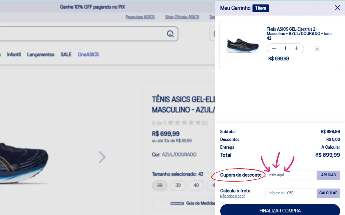 Como usar cupom de desconto Asics no site oficial