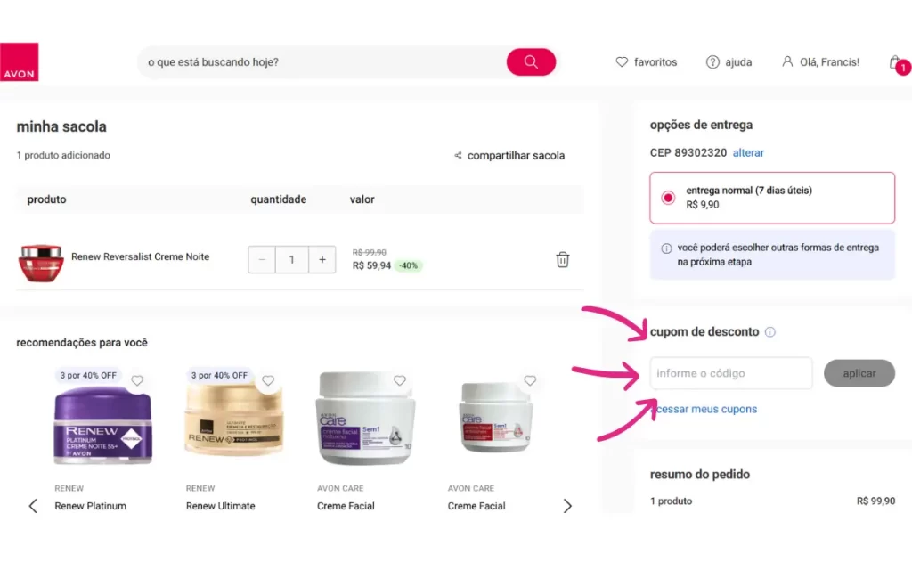 Tela do site da Avon mostrando onde inserir o cupom de desconto
