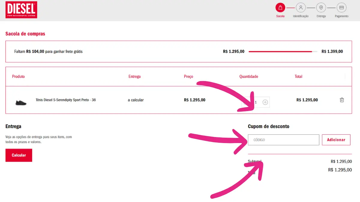 Tutorial mostrando onde inserir o código do cupom de desconto Diesel na página da sacola de compras para aplicar a economia