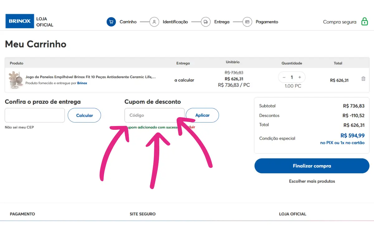 Passo a passo de como usar o cupom de desconto Brinox no checkout.