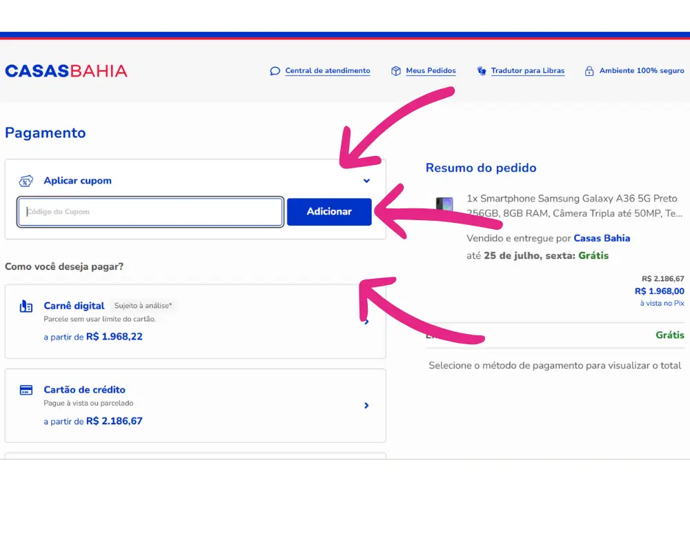 Screenshot do passo a passo de como usar cupom de desconto Casas Bahia, com setas destacando o campo 'Aplicar cupom' e o botão 'Adicionar' na página de pagamento.
