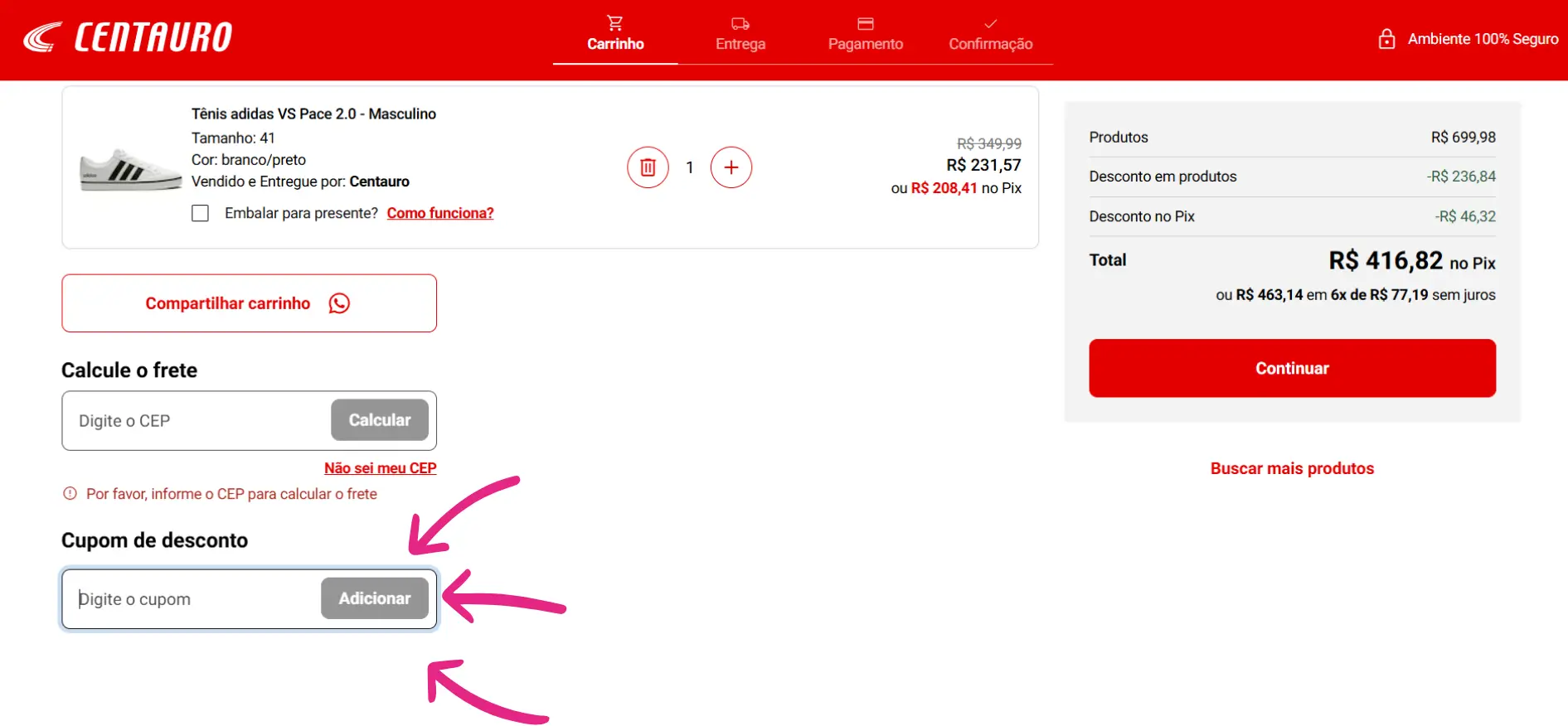 Guia visual de como usar cupom de desconto Centauro, destacando o campo para inserir o código no carrinho de compras.