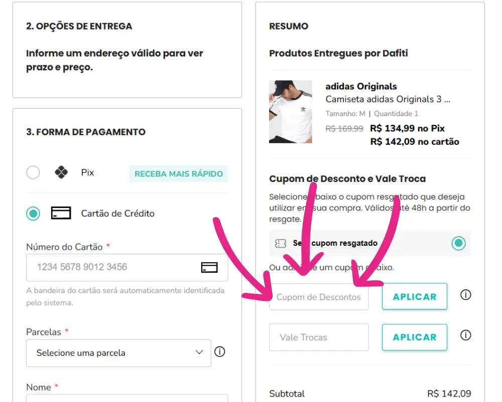 Tutorial passo a passo de como usar o cupom de desconto Dafiti na página de pagamento.