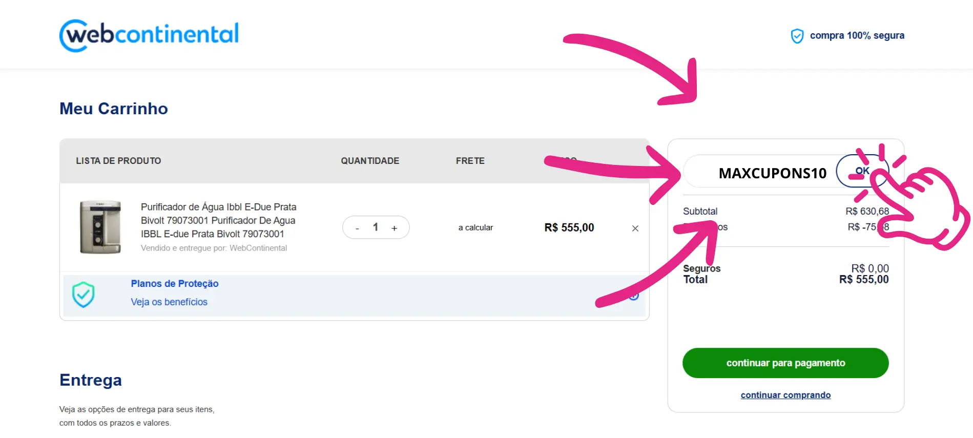 Guia visual mostrando onde clicar para inserir o Cupom de Desconto Webcontinental no carrinho da loja