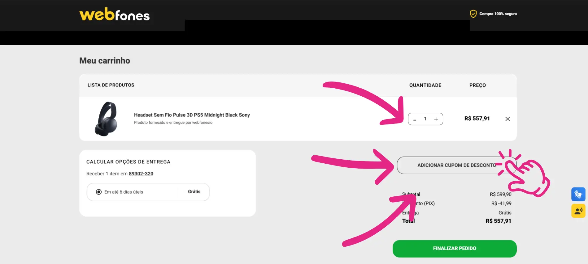 Guia visual mostrando onde clicar para inserir o Cupom de Desconto Webfones no carrinho da loja
