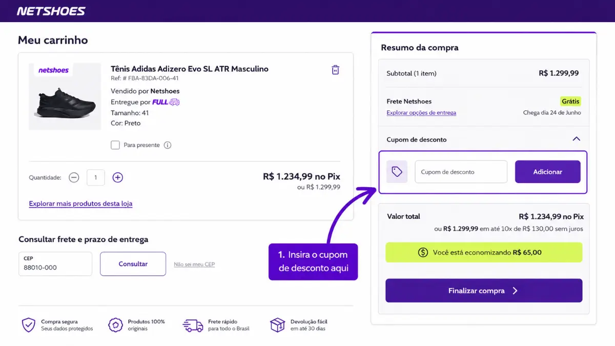 tutorial passo a passo de onde inserir o cupom netshoes 10% primeira compra no carrinho