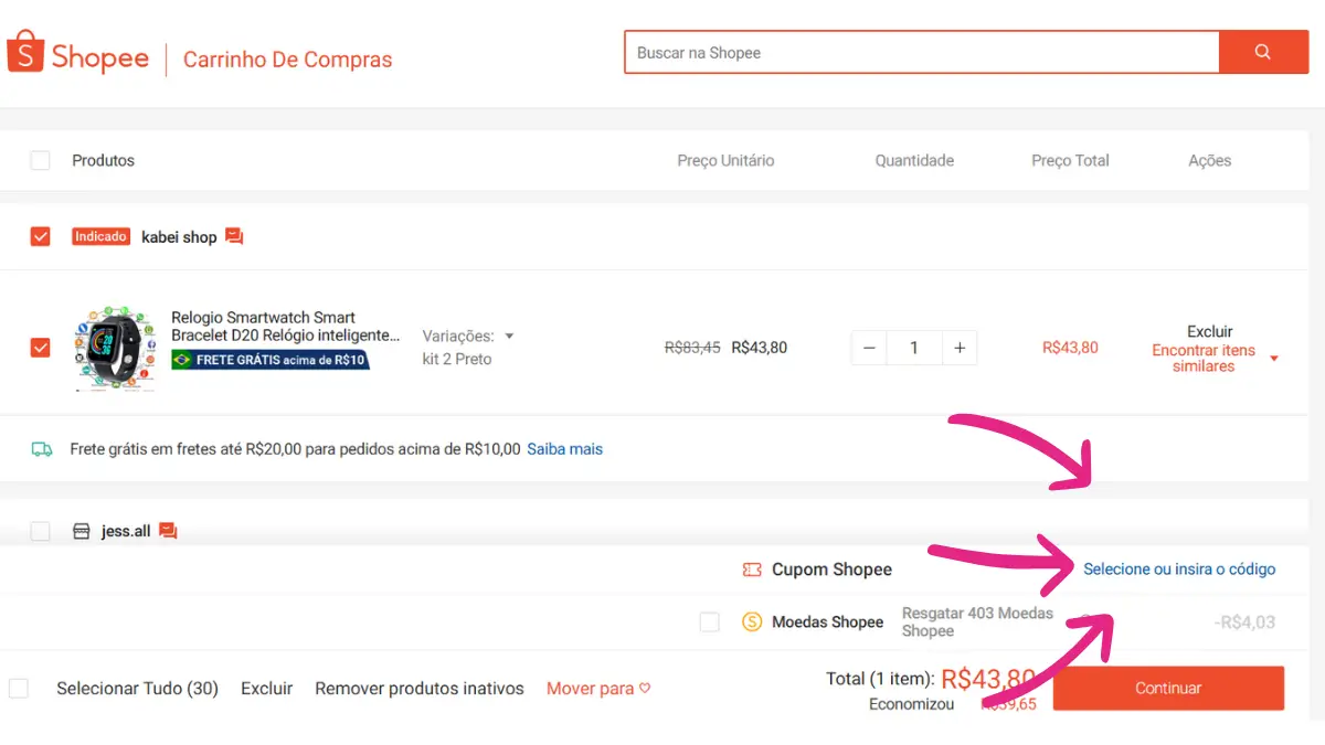 Tutorial de como usar o cupom no carrinho para garantir o frete grátis na Shopee.