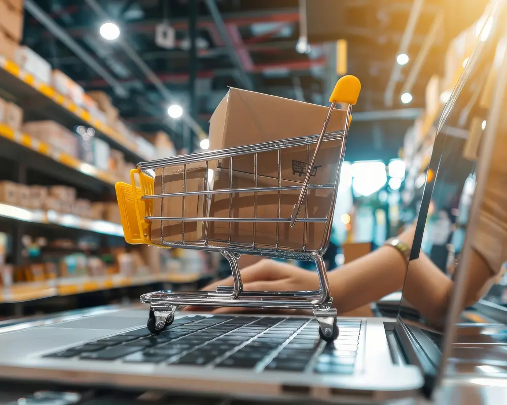 Carrinho de compras em miniatura sobre um laptop, simbolizando a facilidade de usar um cupom de desconto para comprar online no site do Extra.