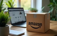 Caixa de entrega da Amazon ao lado de um notebook, simbolizando uma compra online feita com cupom de desconto