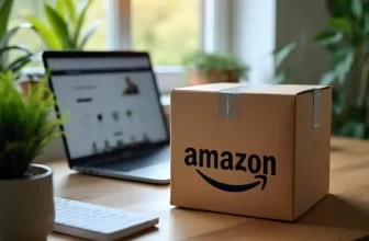 Caixa de entrega da Amazon ao lado de um notebook, simbolizando uma compra online feita com cupom de desconto