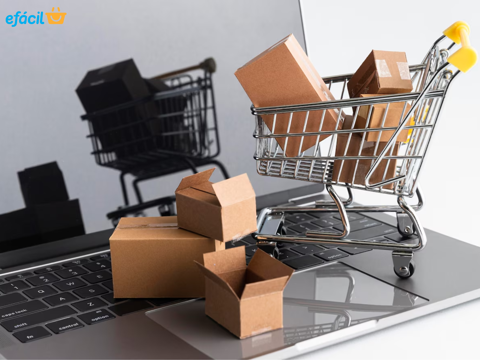 Carrinho de compras em miniatura sobre um laptop, simbolizando a facilidade de comprar online e usar cupons de desconto no site da eFácil.
