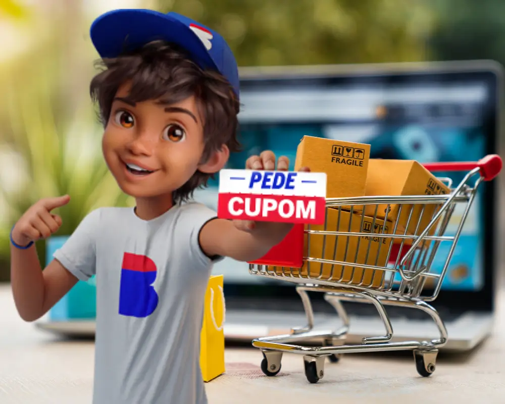 Mascote do MaxCupons sorrindo e segurando um 'Pede Cupom', mostrando como é fácil economizar nas compras online da Casas Bahia.