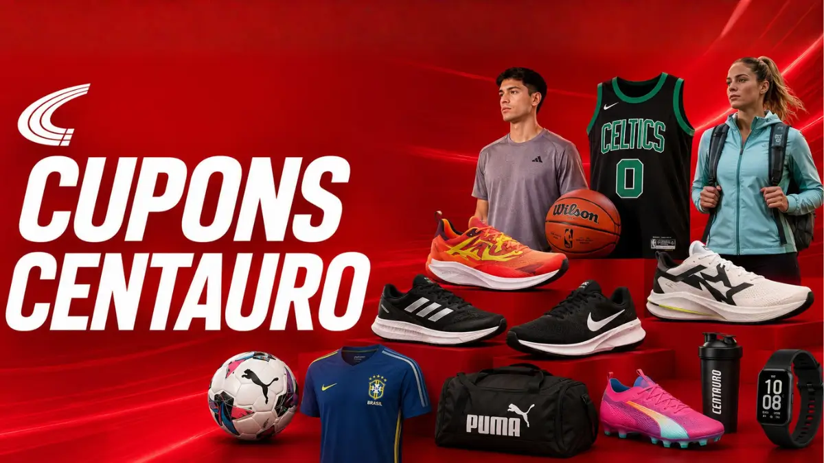 banner de cupom de desconto centauro com tenis nike adidas e camisas de time