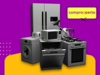 Imagem promocional com diversos eletrodomésticos, como geladeira e fogão, e um banner de 'COUPON', representando a economia ao usar um cupom de desconto Compra Certa.
