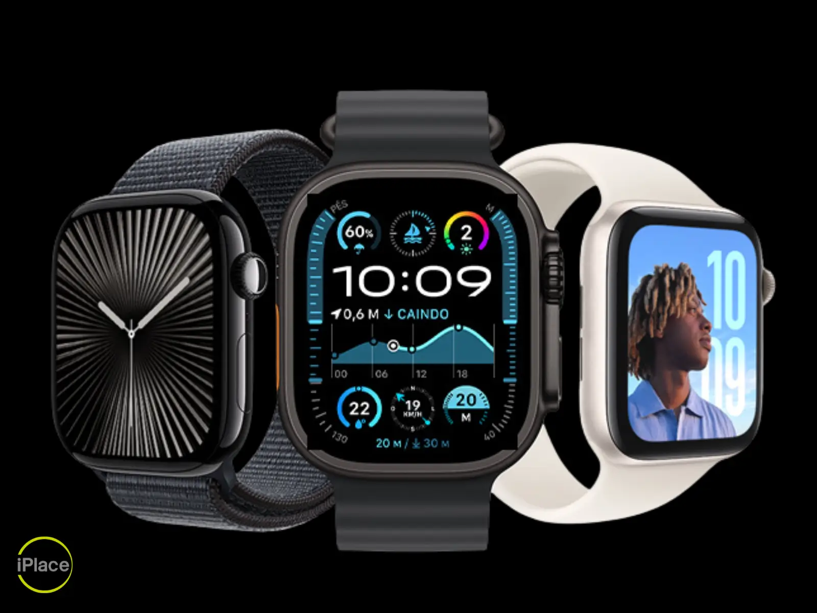 Três modelos de Apple Watch, incluindo o Ultra, mostrando a variedade de smartwatches em promoção na iPlace.