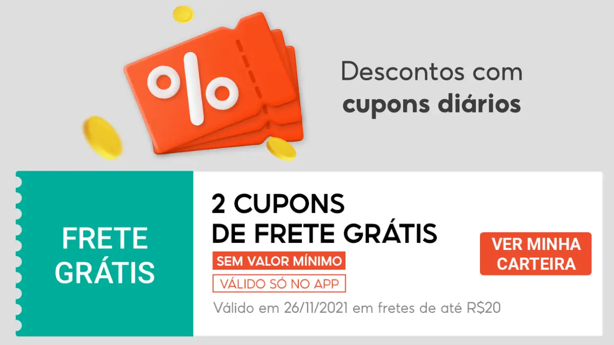 Banner no app da Shopee que ensina como conseguir frete grátis resgatando cupons diários.