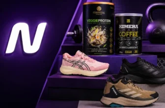 banner promocional netshoes com logo n roxo e diversos tenis e suplementos em destaque