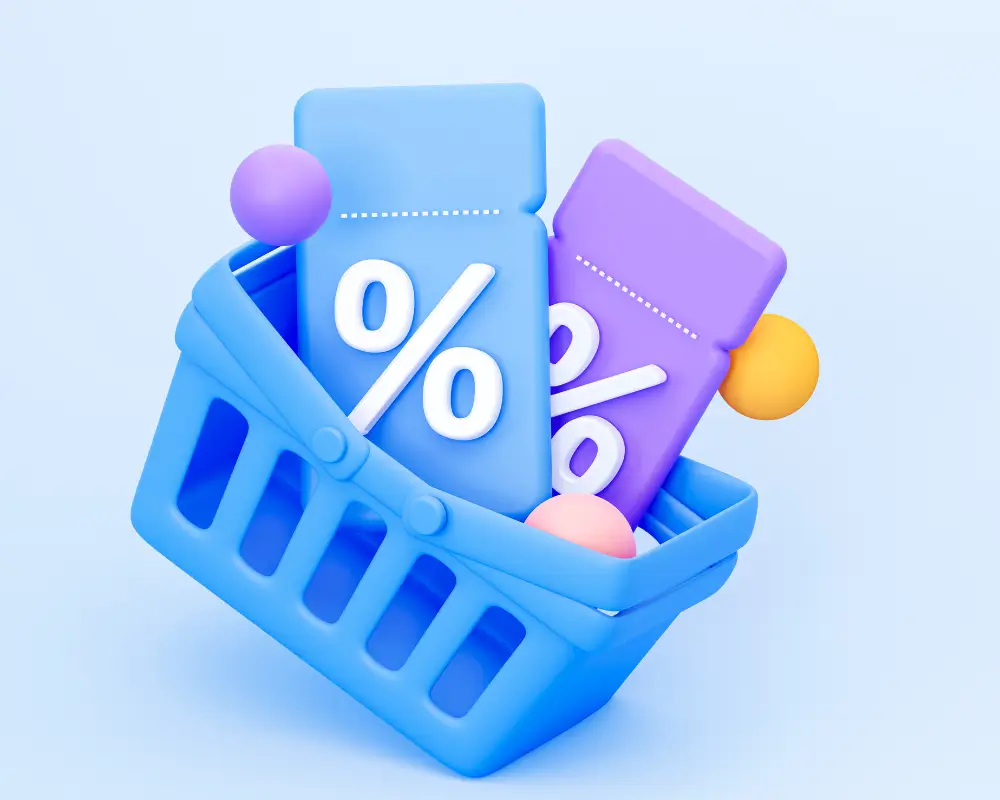 Ilustração 3D de uma cesta de compras com um grande voucher saindo de dentro, significando a economia obtida com um cupom de primeira compra.
