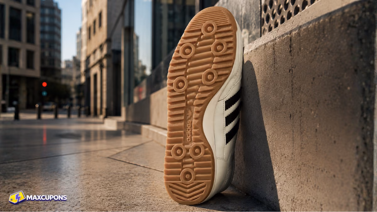 detalhe da sola de borracha gum do tenis adidas sl 72 mostrando padrao de tracao retro